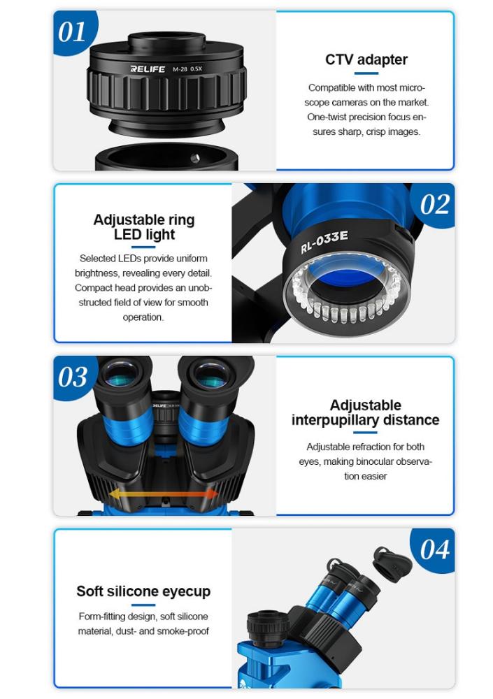 SUNSHINE M9T-B11 MICROSCOPIO TRINOCULAR 6X-45X TRINOCULAR PARA REPARACION MOVIL + LUZ LED DE ANILLO AJUSTABLE AZUL