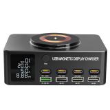 WLX-818D+ 9 IN 1 CARGA INALÁMBRICA / CARGADOR MULTIPUERTO CON LCD (4 USB / 3 PD 30W / PD 100W) NEGRO